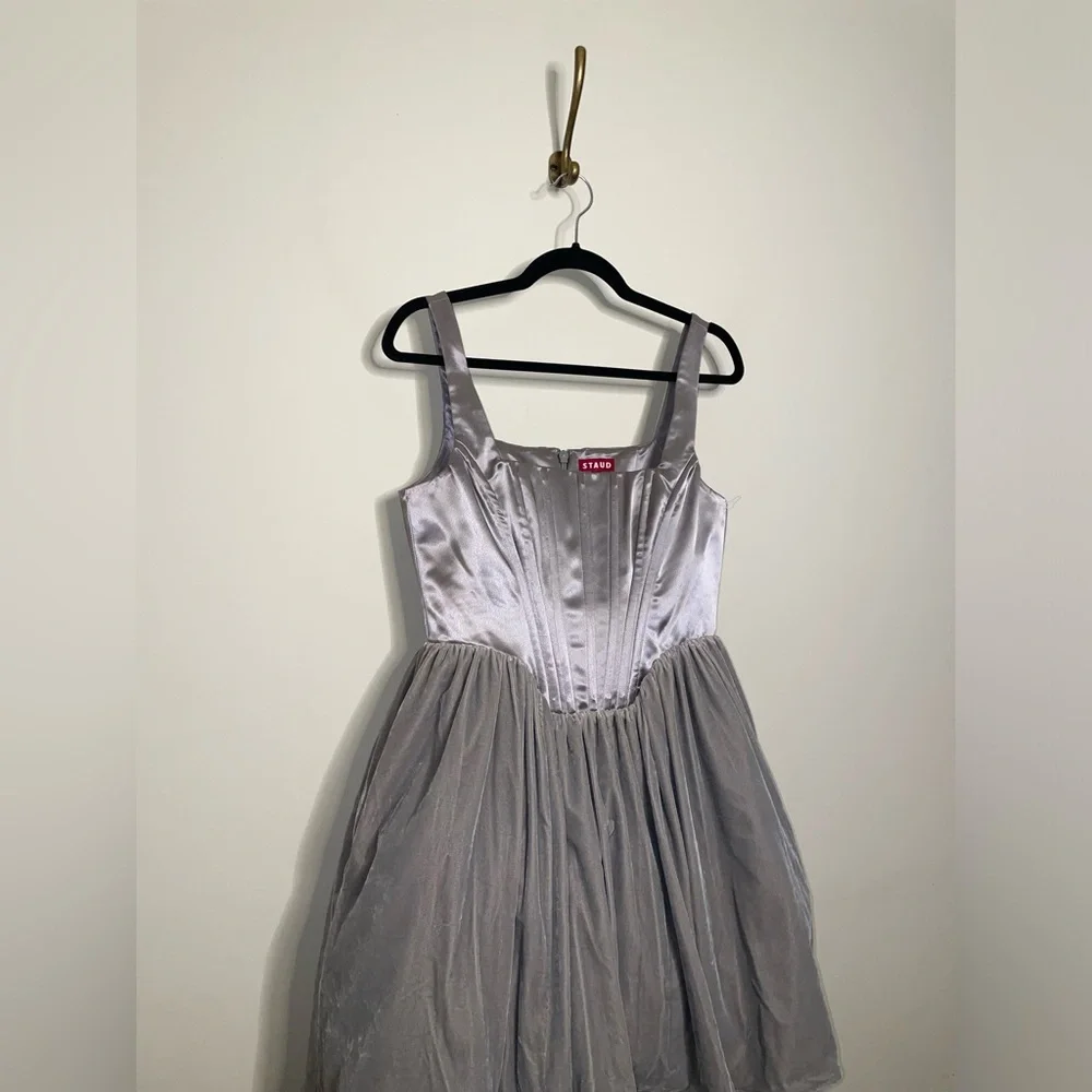 STAUD Landscape Silver Mini Dress Velvet Gray Tulle - Picture 7 of 9